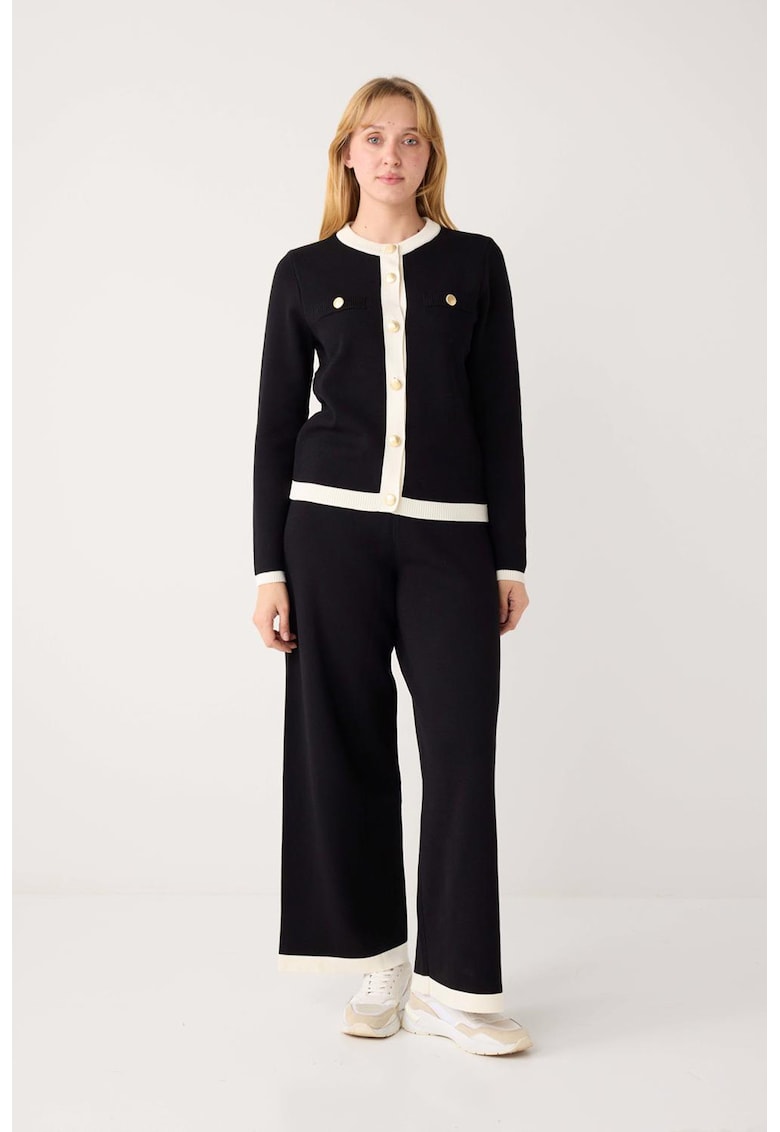 Cardigan tricotat cu nasturi - Negru/Alb murdar