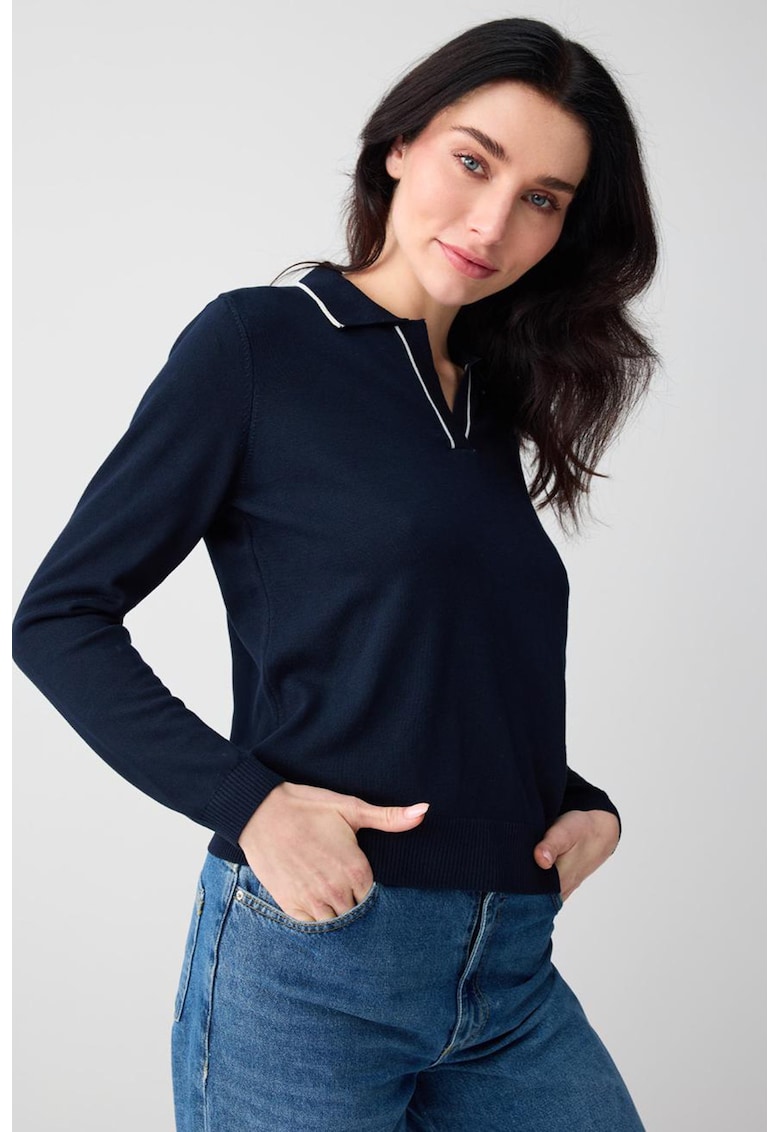Bluza cu guler polo contrastant - Bleumarin