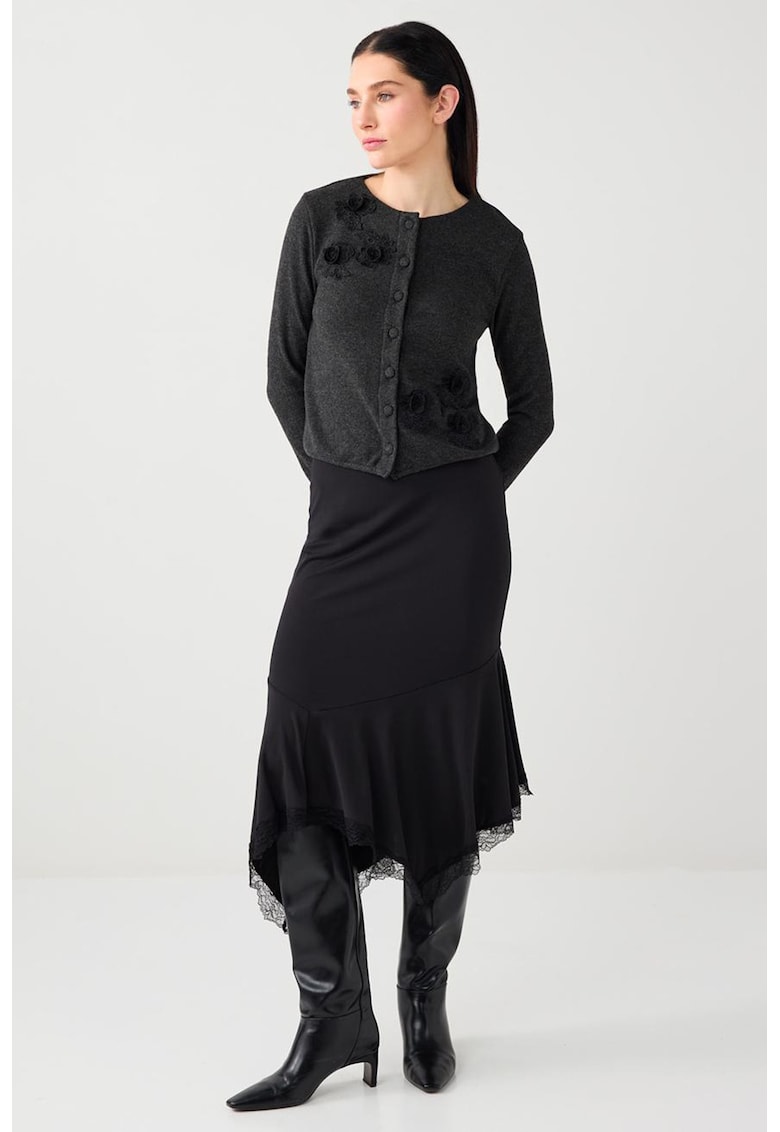 Cardigan tricotat cu broderii florale - Gri antracit
