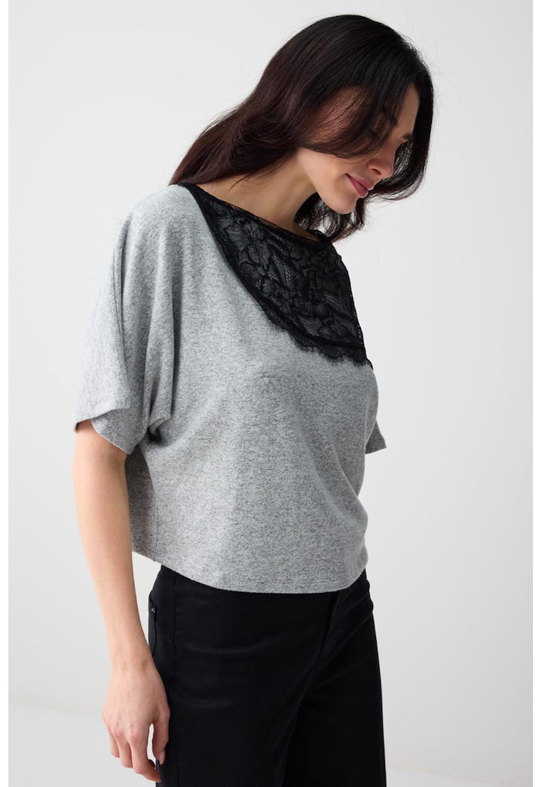 Bluza cu insertie din dantela - Negru/Gri deschis melange