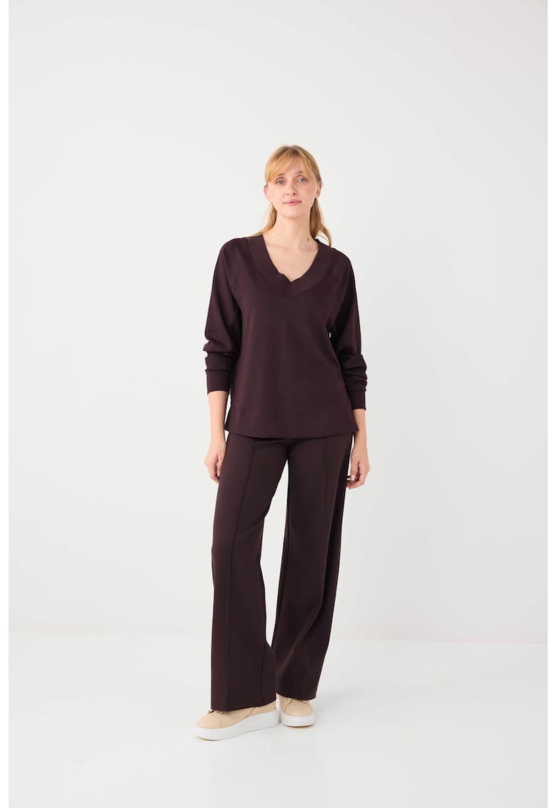 Bluza de trening din amestec de modal cu croiala lejera si decolteu in V - Maro inchis