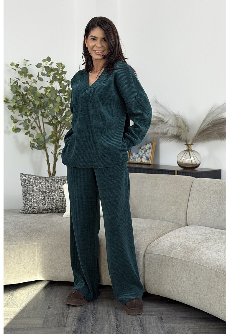 Set de bluza lejera si pantaloni Naza - 2 piese - Verde inchis