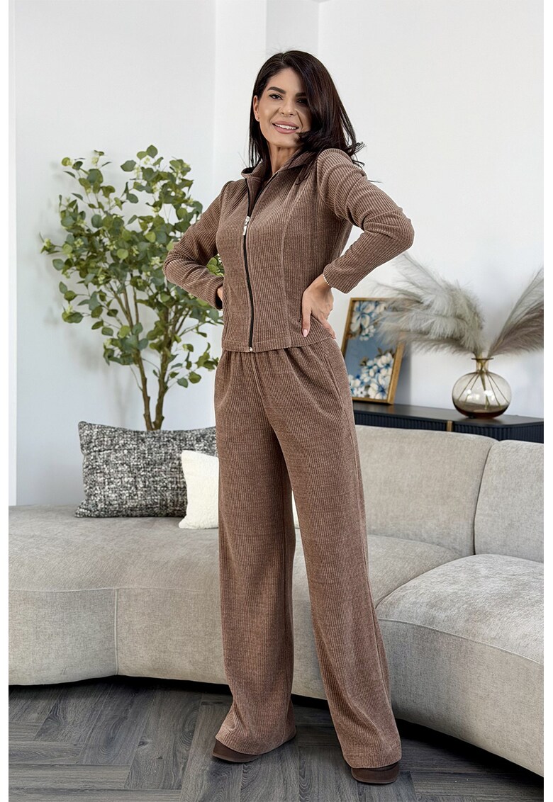 Set de bluza de trening cu fermoar si pantaloni de trening Aziza - Maro deschis