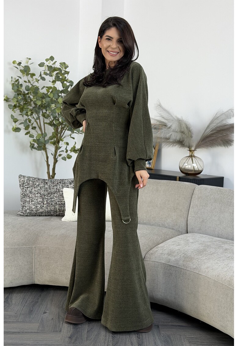 Set de bluza slim fit de trening si pantaloni evazati Iris - Kaki