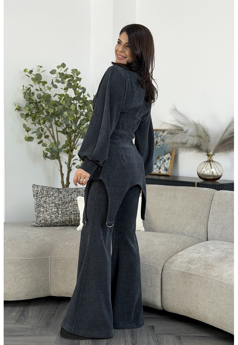 Set de bluza slim fit de trening si pantaloni evazati Iris - Gri inchis