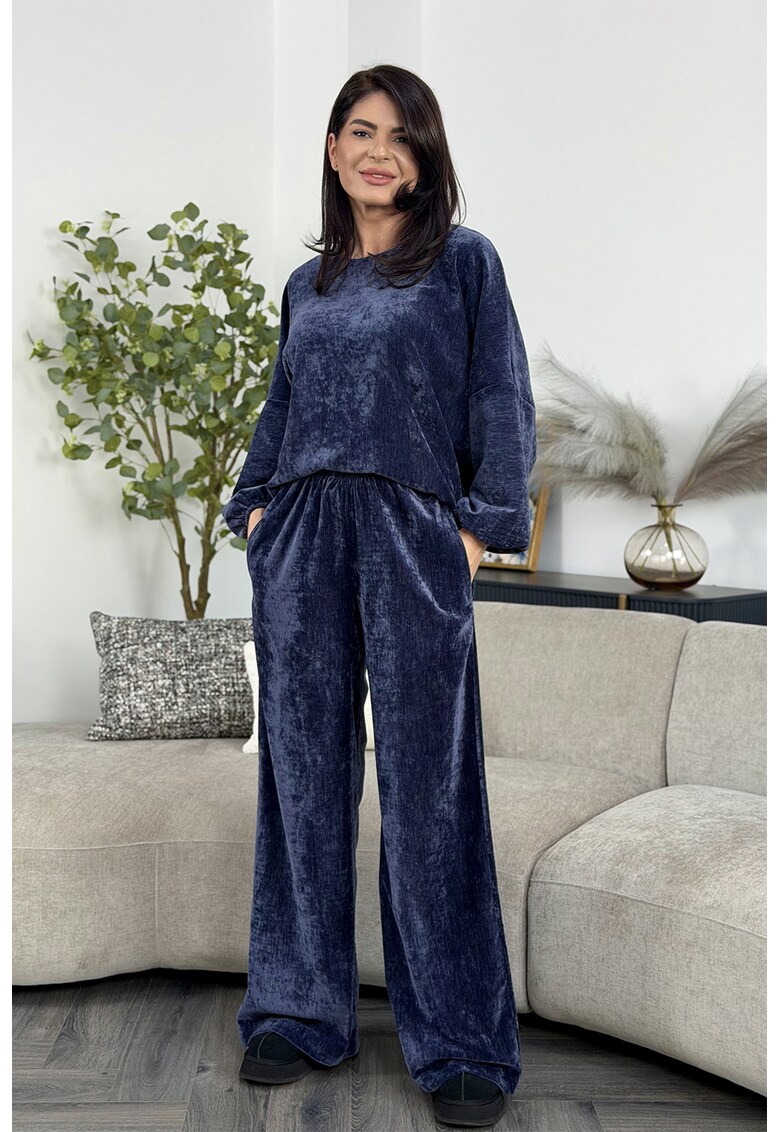 Set de bluza si pantaloni de trening din catifea Arles - Albastru inchis