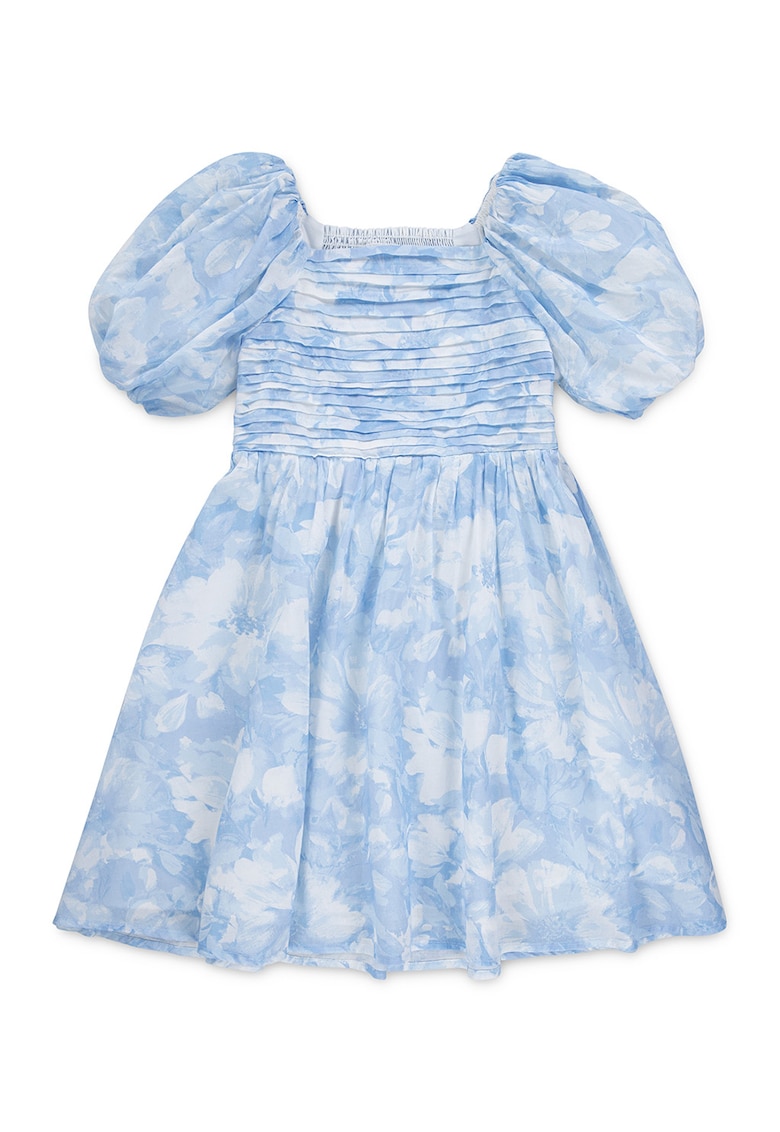 Rochie cu maneci bufante si imprimeu floral - Albastru pastel/Albastru pal
