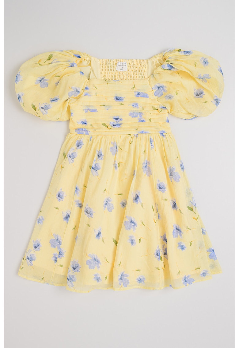 Rochie cu maneci bufante si imprimeu floral - Galben