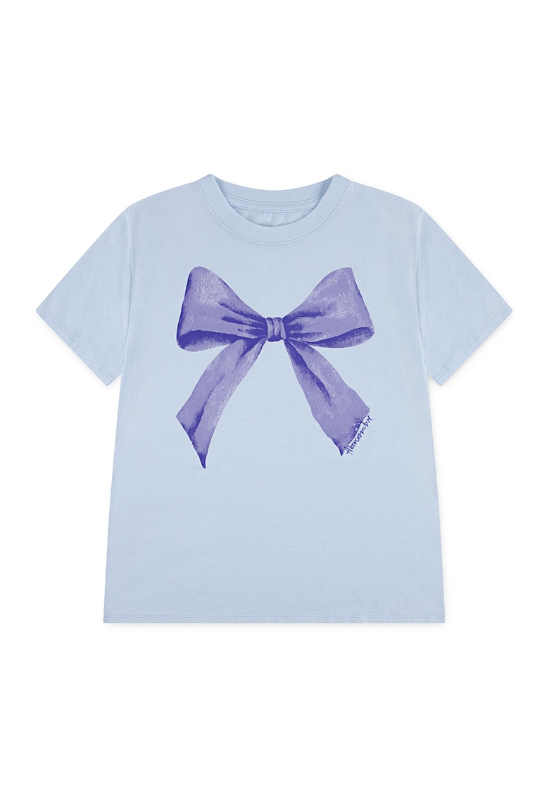 Tricou cu decolteu la baza gatului si imprimeu funda - Ametist/Albastru deschis