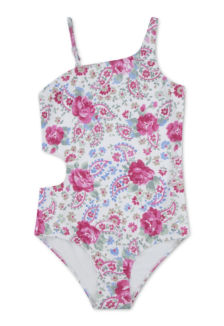 Costum de baie intreg cu decupaj lateral si striatii - Roz zmeuriu/Bej deschis