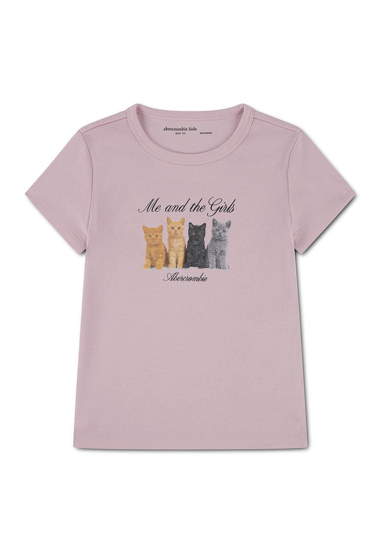 Tricou cu imprimeu pisica - Gri/Maro camel/Roz stins