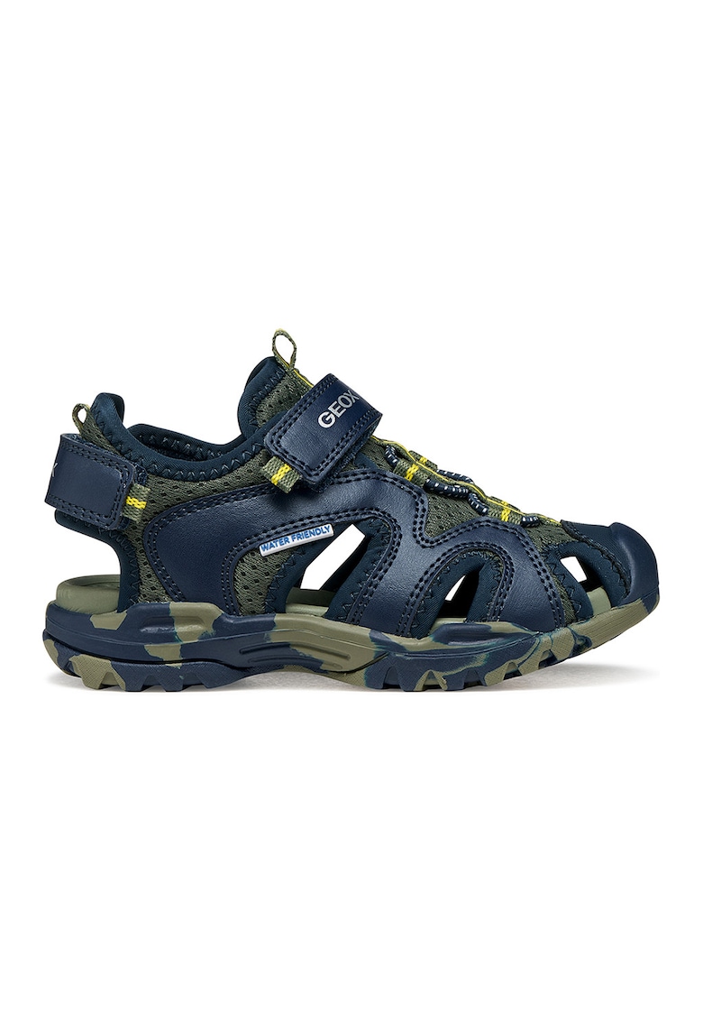 Sandale de piele ecologica si material textil cu banda velcro Borealis - Kaki/Bleumarin