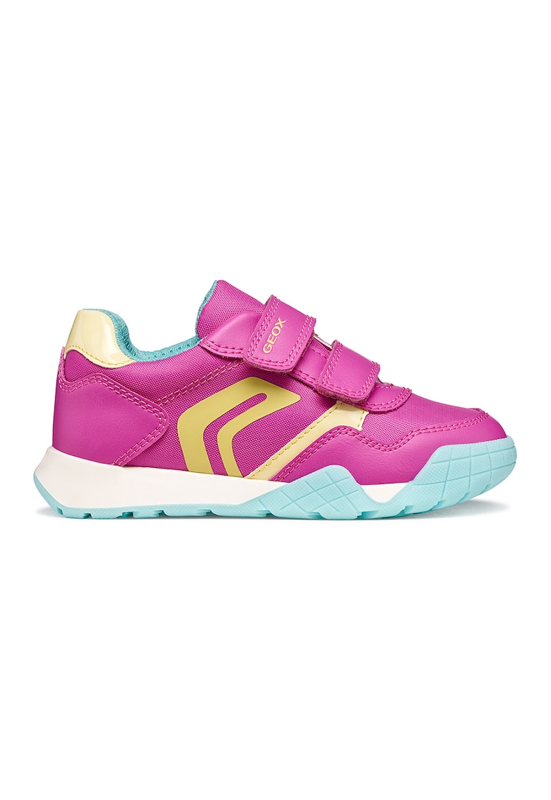 Pantofi sport din piele ecologica cu insertie din material textil si velcro - Galben/Fucsia