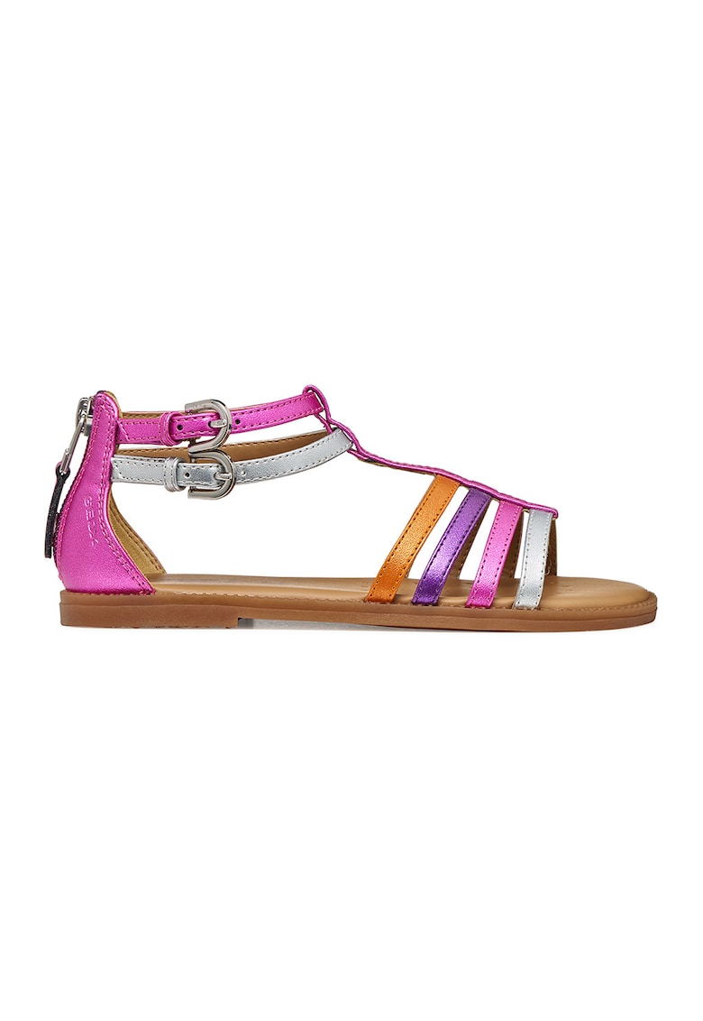 Sandale din piele ecologica cu barete multiple - Violet/Roz/Argintiu