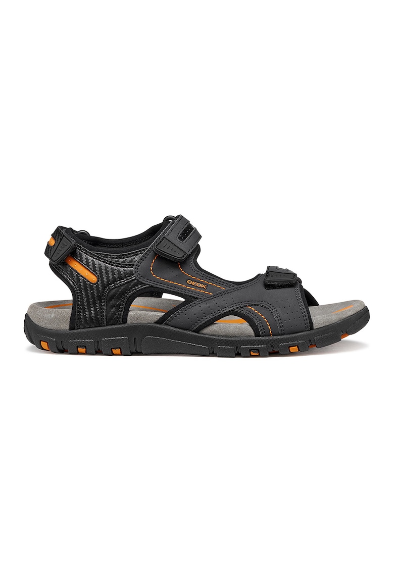 Sandale de piele ecologica cu velcro - Negru/Portocaliu