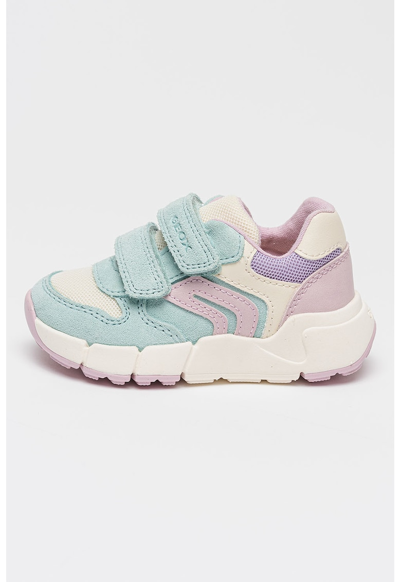 Pantofi sport Flexyper cu velcro si insertii de piele intoarsa - Turcoaz/Lila/Alb murdar