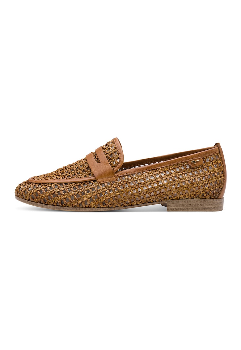 Pantofi loafer din piele si material textil - Maro cognac