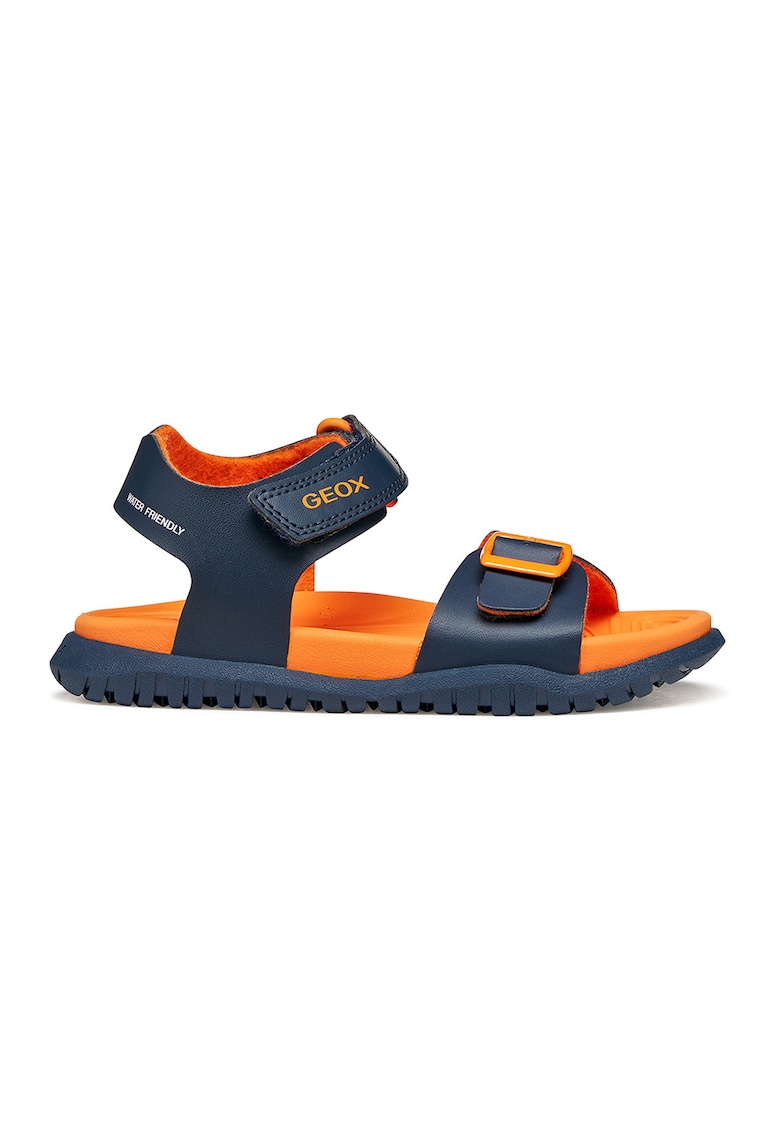 Sandale de piele ecologica cu velcro Fusbetto - Albastru ultramarin/Portocaliu mandarina