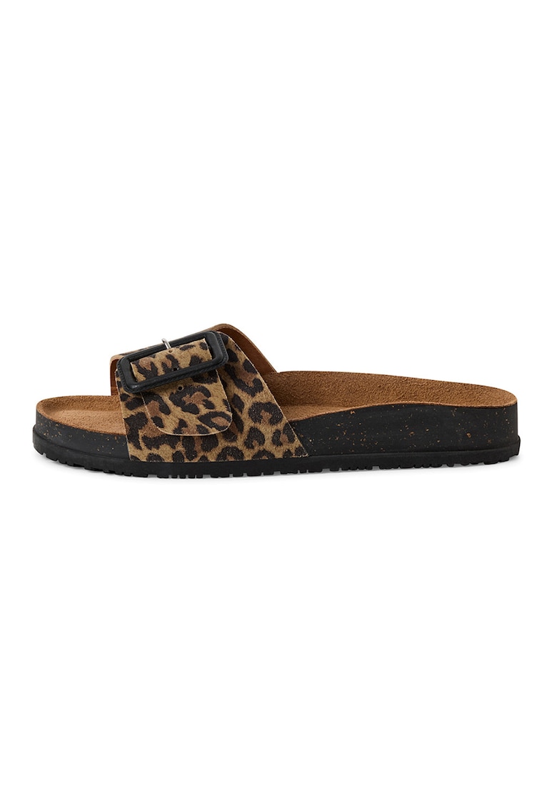 Papuci din piele intoarsa cu animal print - Negru/Maro
