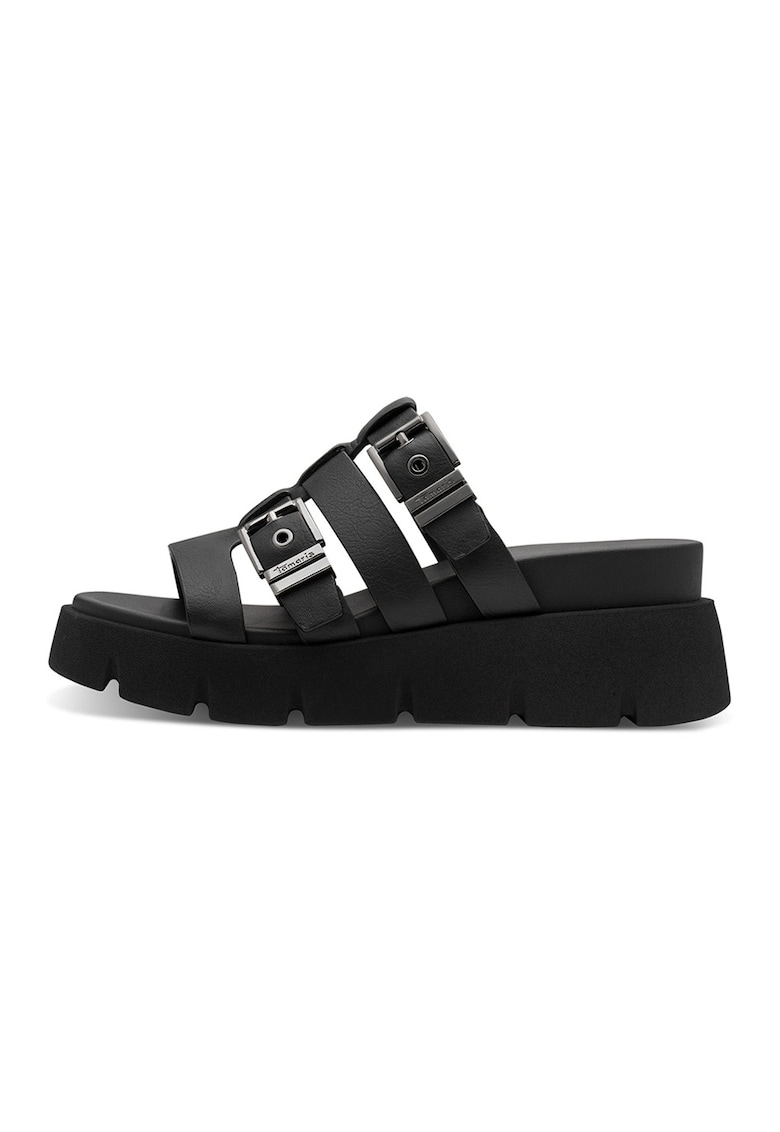 Papuci wedge cu barete multiple - Negru