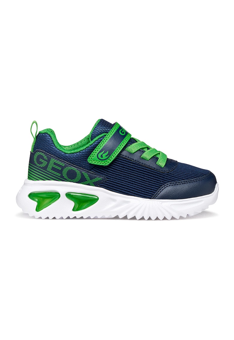 Pantofi sport din piele ecologica cu garnituri din material textil si lumini led - Verde lime/Bleumarin