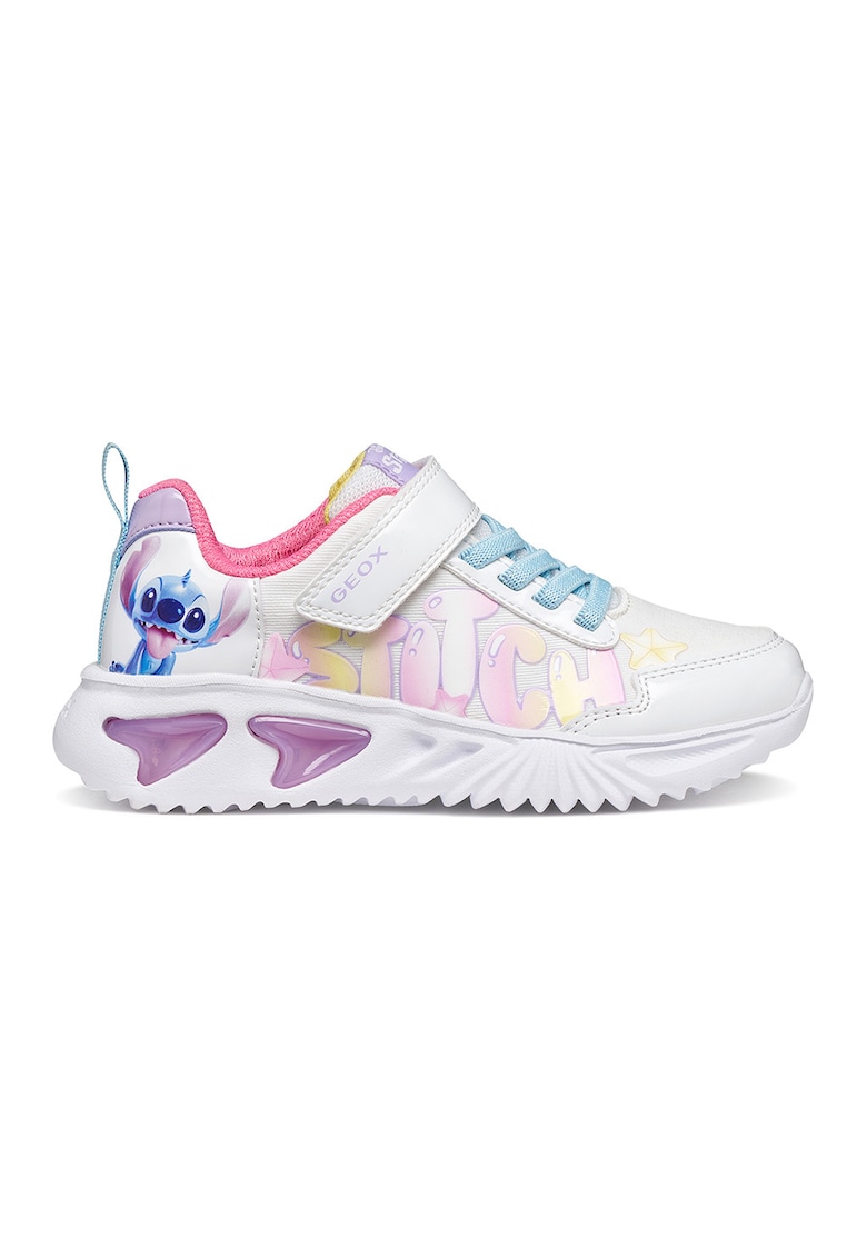 Pantofi sport de piele ecologica cu imprimeu Stitch si LED-uri - Alb/Roz