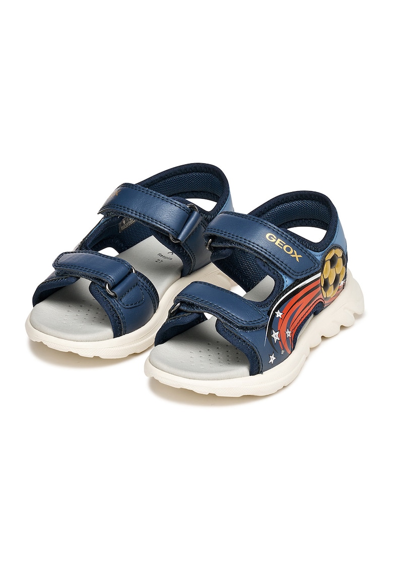 Sandale din piele ecologica cu velcro - Auriu/Rosu corai/Bleumarin