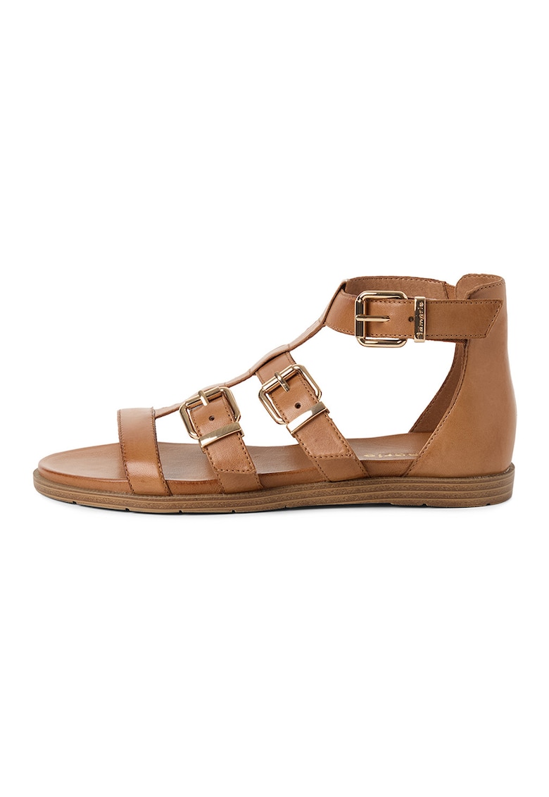 Sandale din piele intoarsa cu catarame si barete multiple - Maro cognac