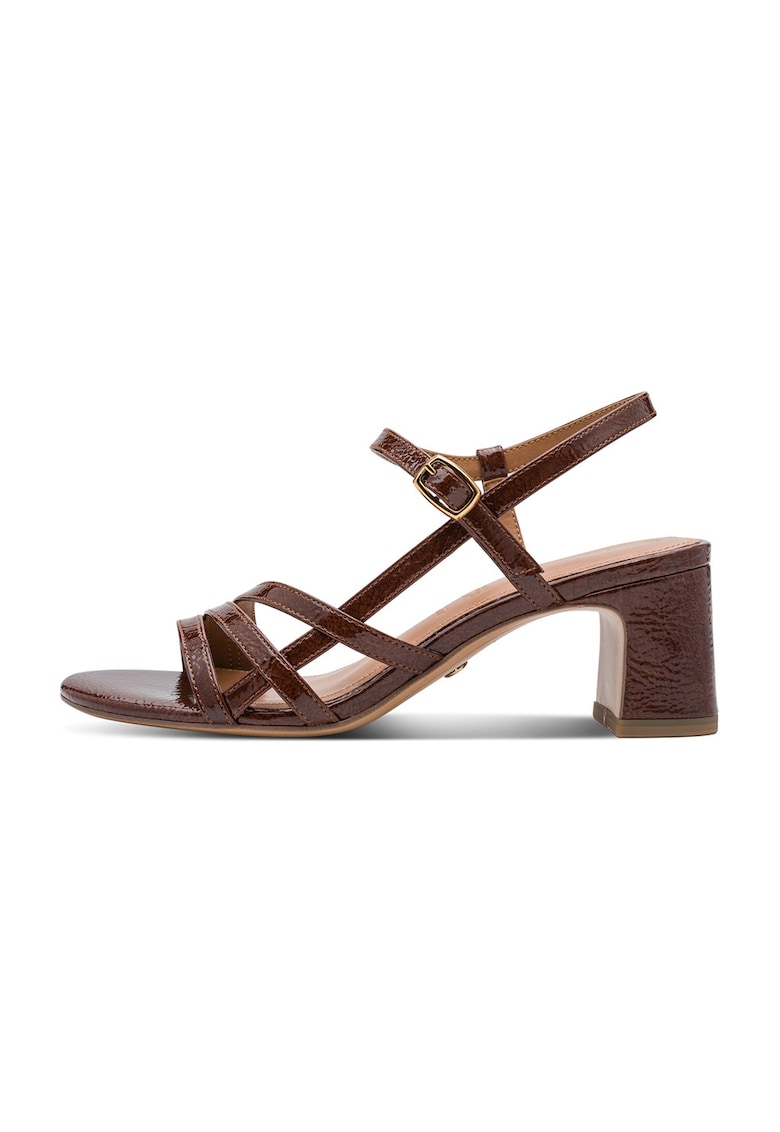 Sandale cu aspect lacuit si toc masiv - Maro cognac