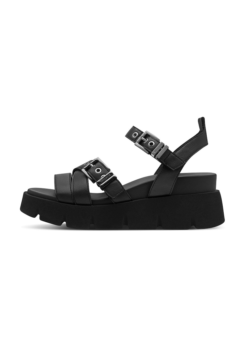 Sandale wedge de piele ecologica cu catarama - Negru