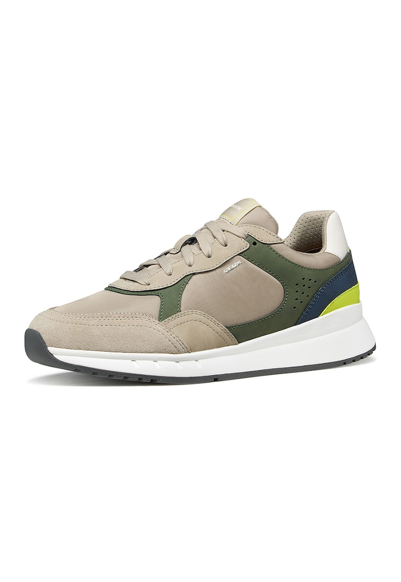 Pantofi sport Branthon low-cut cu insertii din piele ecologica - Maro taupe deschis/Verde lime/Bleumarin