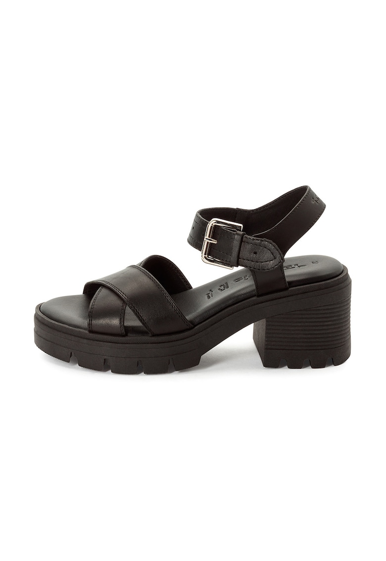 Sandale de piele cu toc masiv - Negru stins