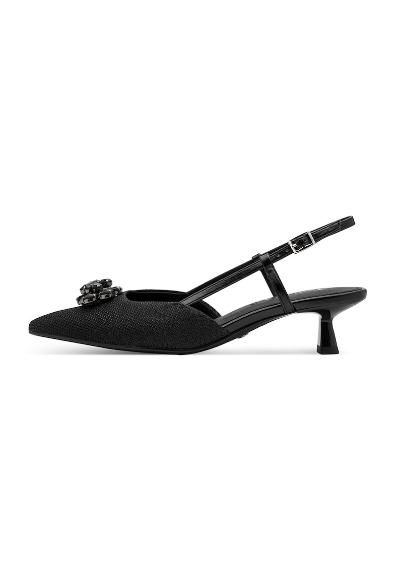 Pantofi slingback cu varf ascutit - toc kitten si element decorativ - Negru