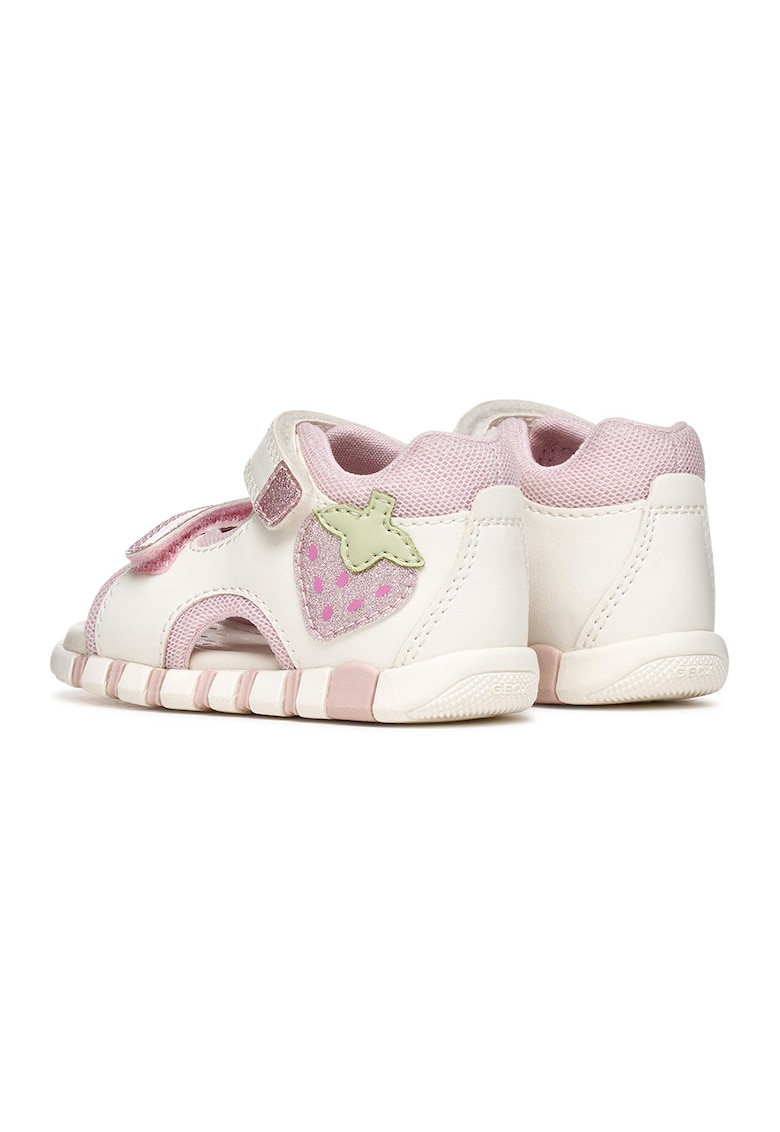 Sandale cu velcro si aplicatii capsune - Alb fildes/Roz pastel