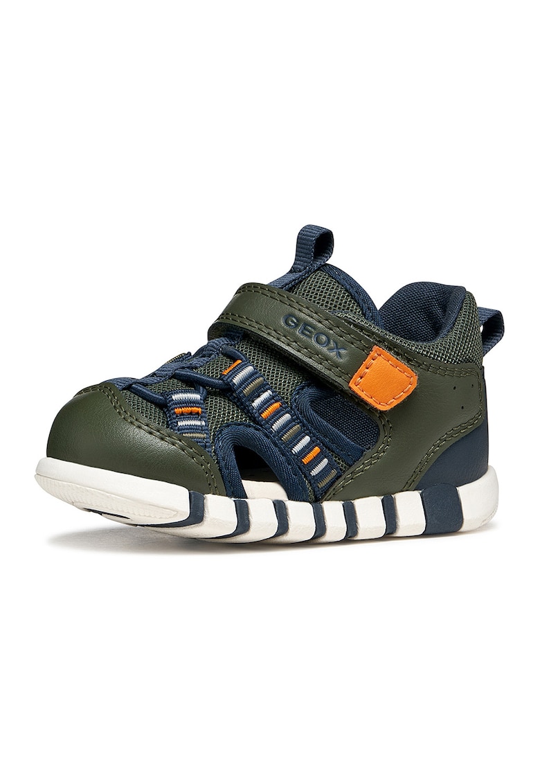 Sandale fisherman cu piele ecologica si velcro - Portocaliu mandarina/Verde masliniu inchis