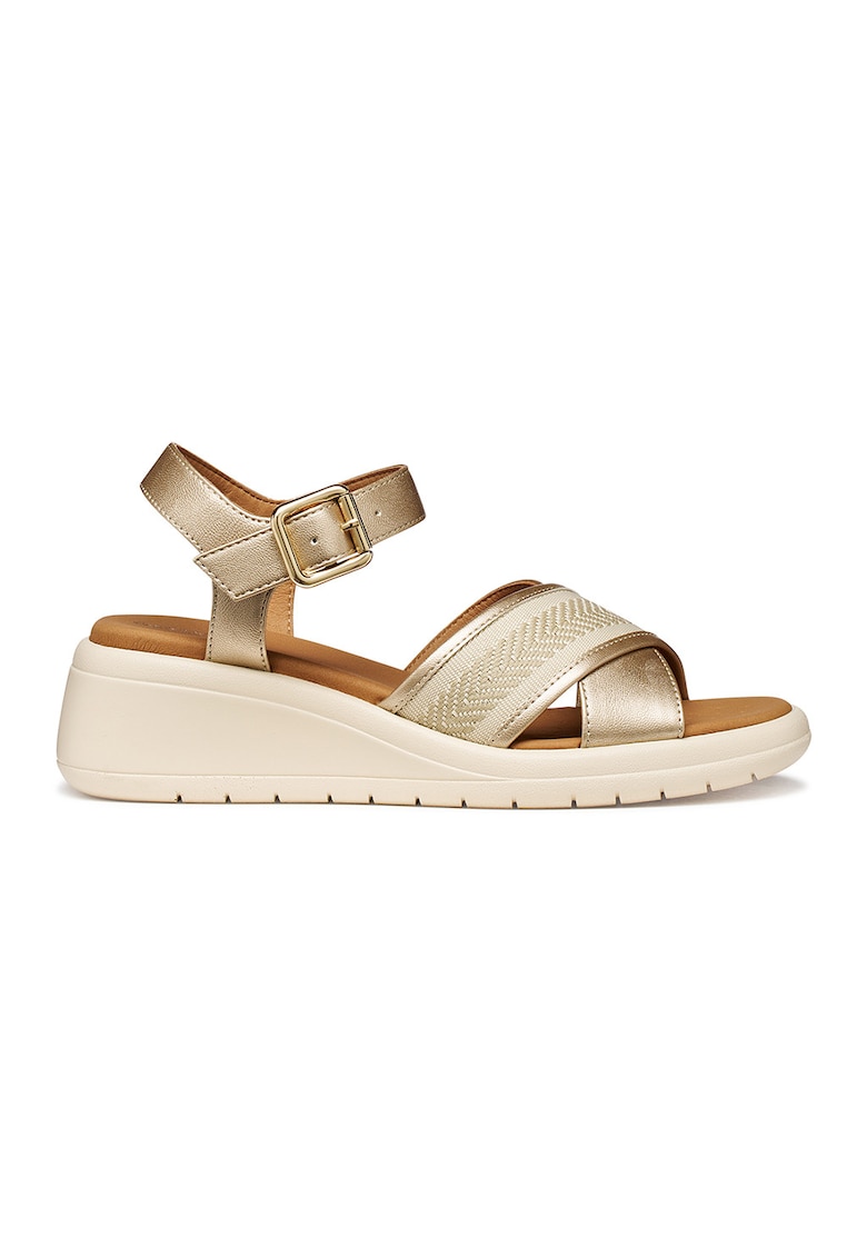 Sandale wedge din piele ecologica cu barete incrucisate - Auriu/Bej