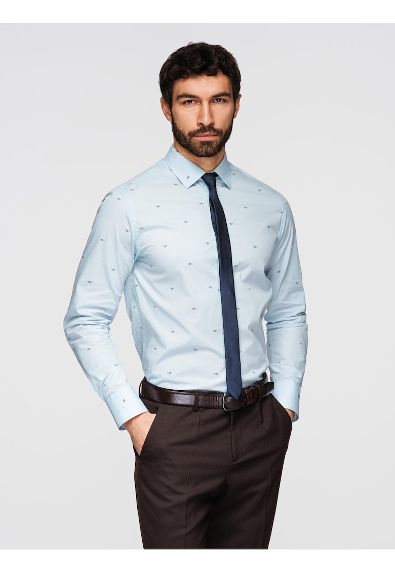 Camasa clasica din bumbac SLIM FIT cu model micro peste K696 - Albastru deschis