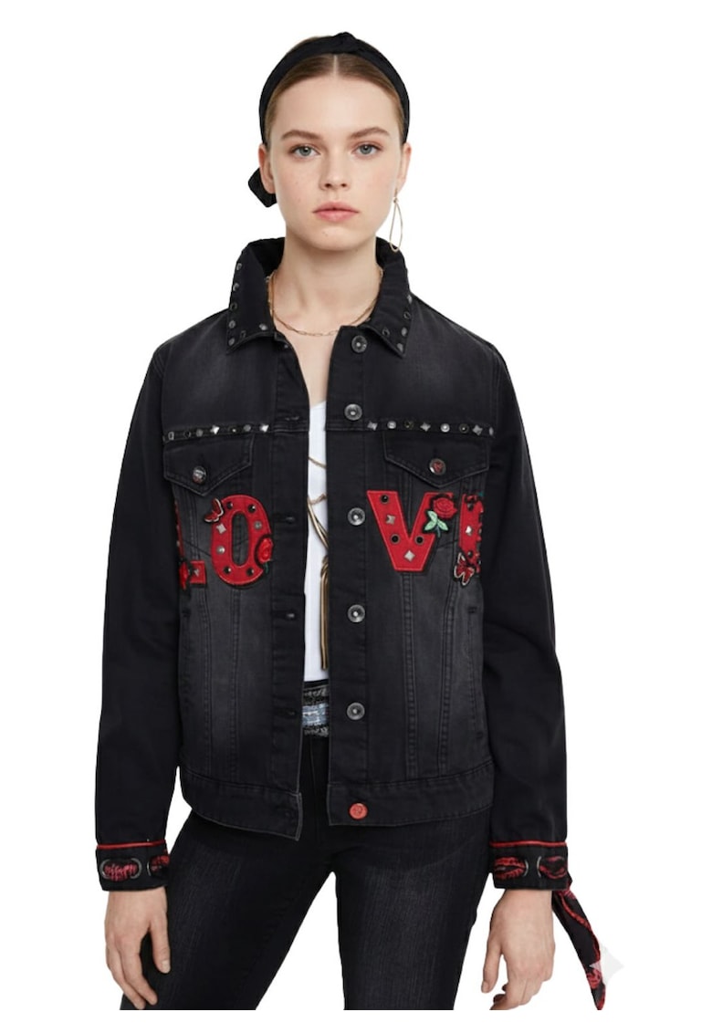 Jacheta din denim cu tinte metalice Love Heart -