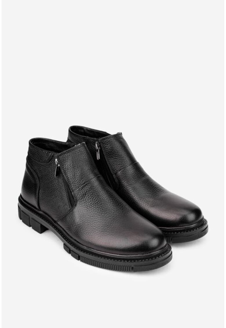 Ghete barbati din piele texturata neagra cu doua fermoare