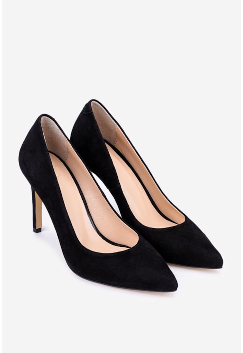 Pantofi dama din piele intoarsa neagra cu toc subtire