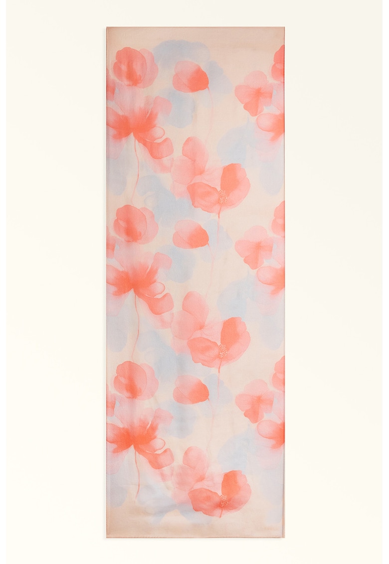 Esarfa de matase cu model floral Primavera - Albastru pastel/Piersica