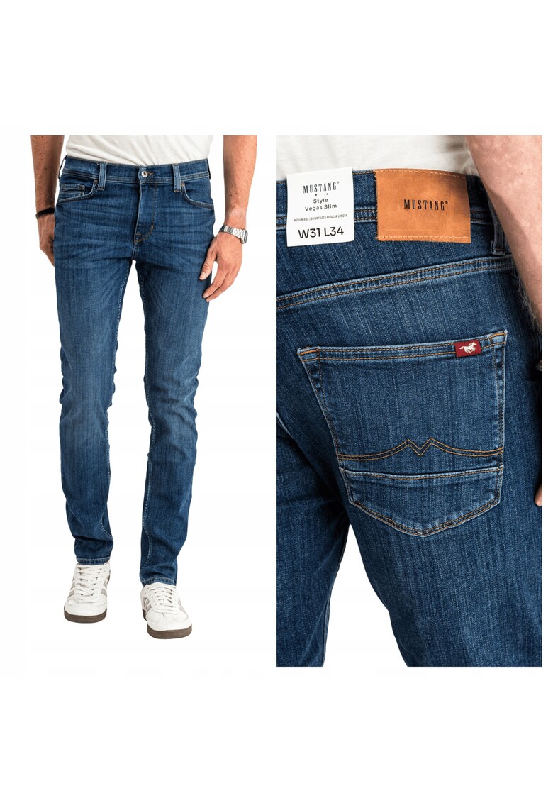 Blugi Barbati - Vegas Slim - Slim Fit - Talie Medie - Fermoar - Lungi - 5 Buzunare - Bumbac - Albastru - Albastru