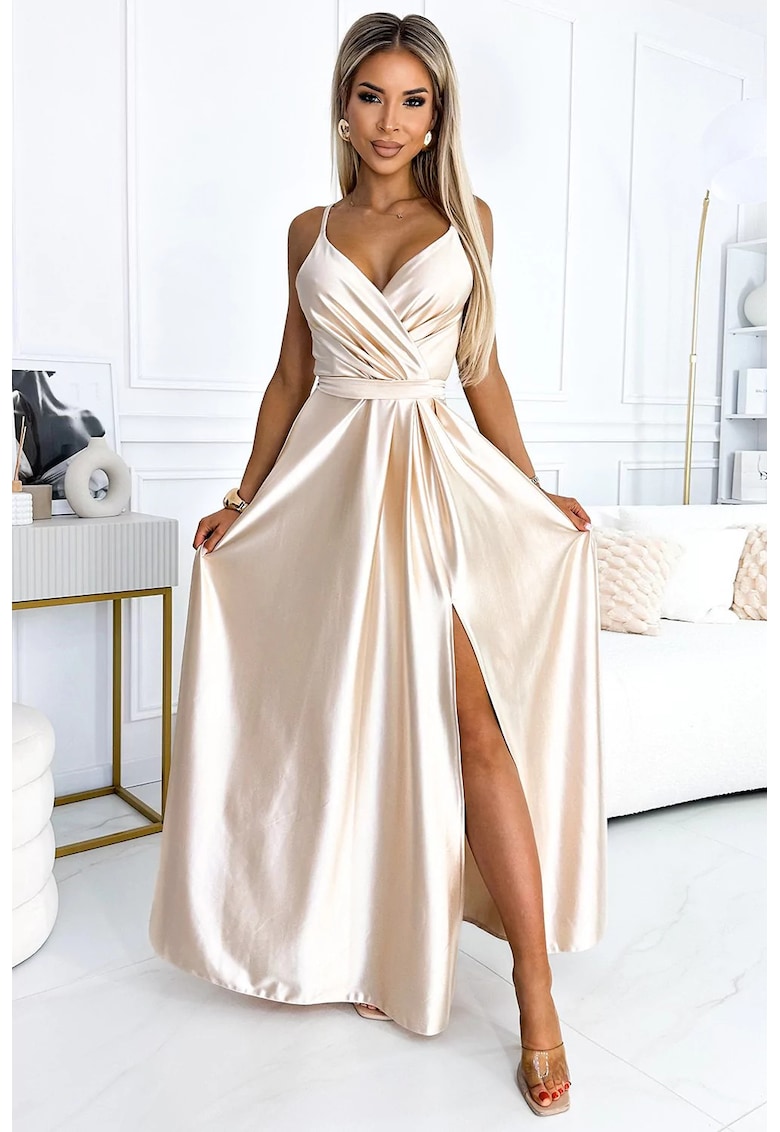 Rochie maxi satinata cu slit pe picior - Bej