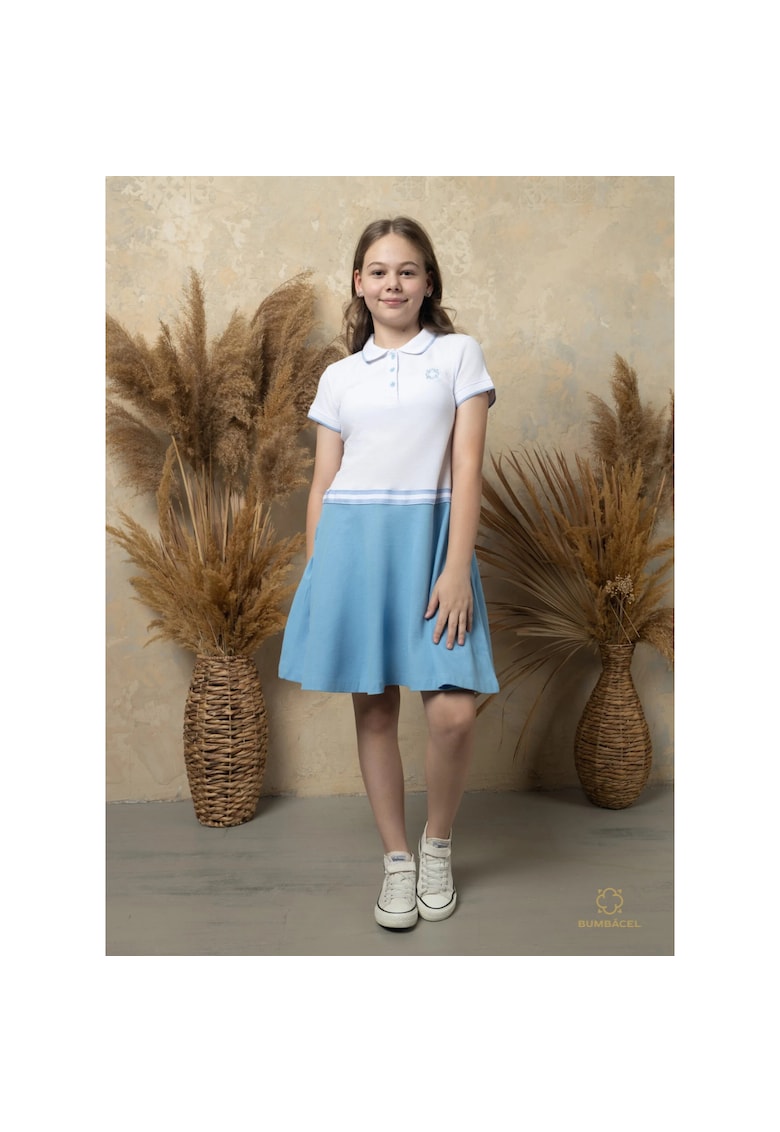 Rochie polo cu maneca scurta - pentru fetite - din bumbac - Albastru