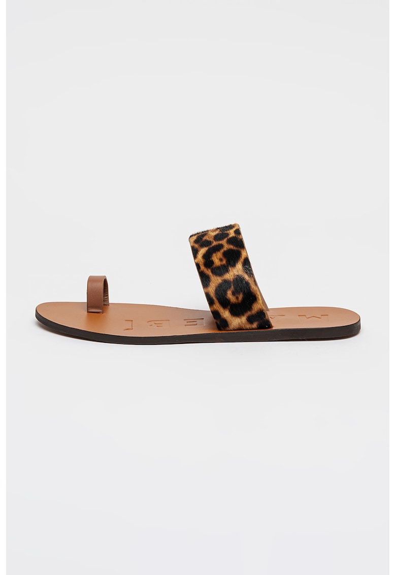 Papuci de piele cu par scurt cu model Serengeti - Maro inchis/Maro camel
