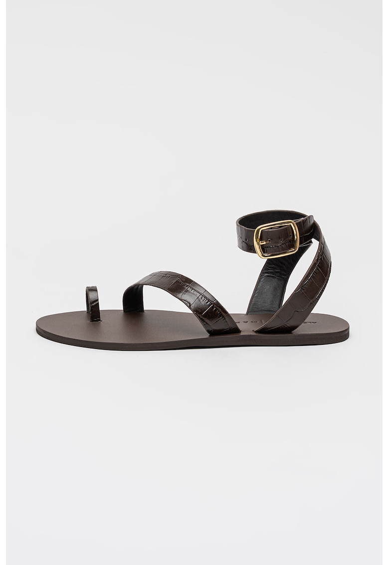 Sandale gladiator de piele cu model piele de reptila Chloe - Maro inchis