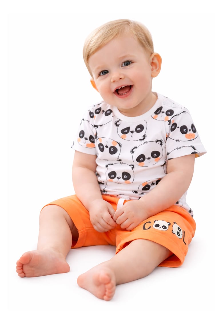 Compleu bebe nou-nascut din bumbac cu tricou si bermude Alb Portocaliu