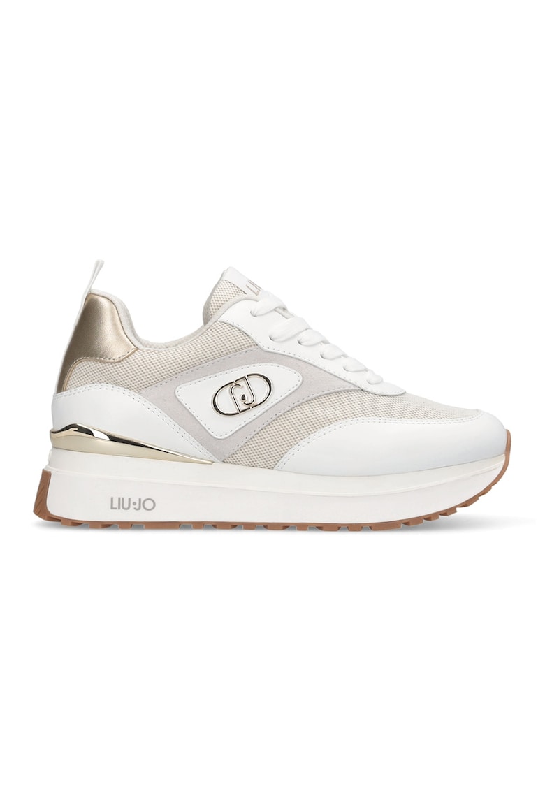 Pantofi sport cu talpa wedge si garnituri din piele - Alb/Bej deschis