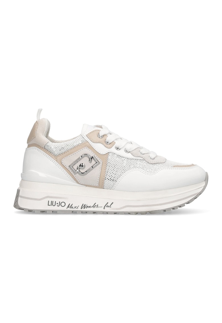 Pantofi sport din plasa cu garnituri din piele si logo lateral - Alb murdar/Bej deschis