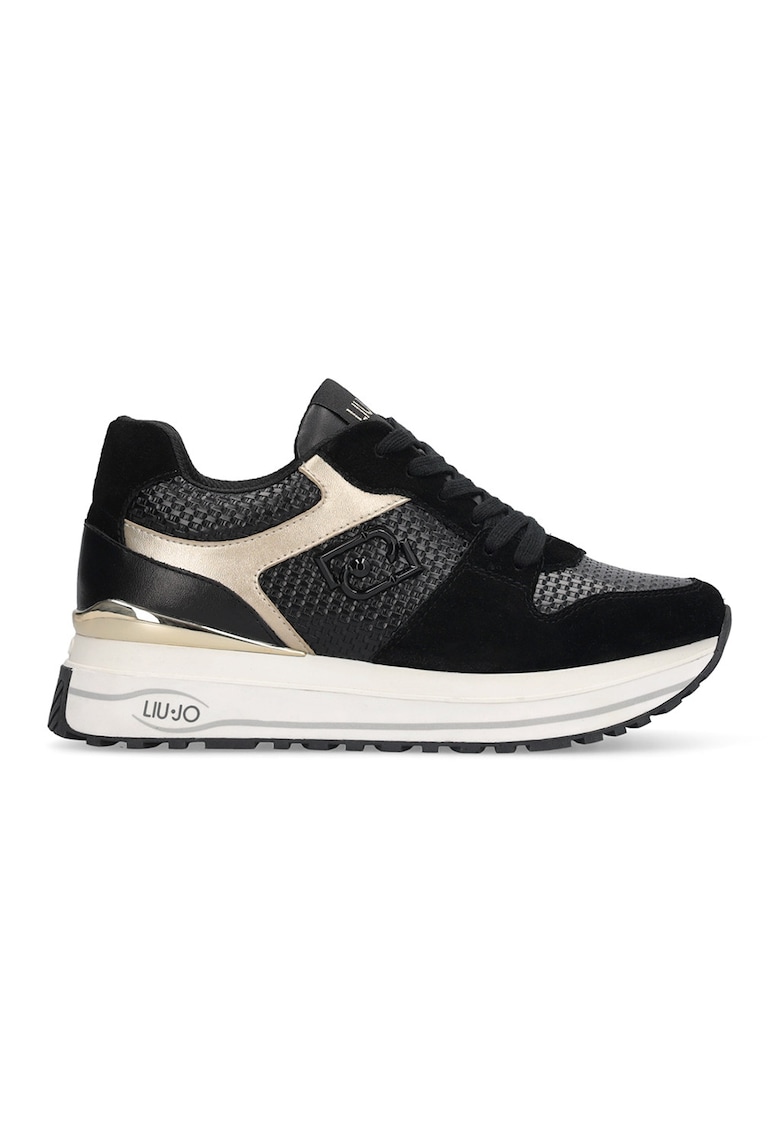 Pantofi sport cu talpa wedge si insertii din piele intoarsa - Auriu/Negru